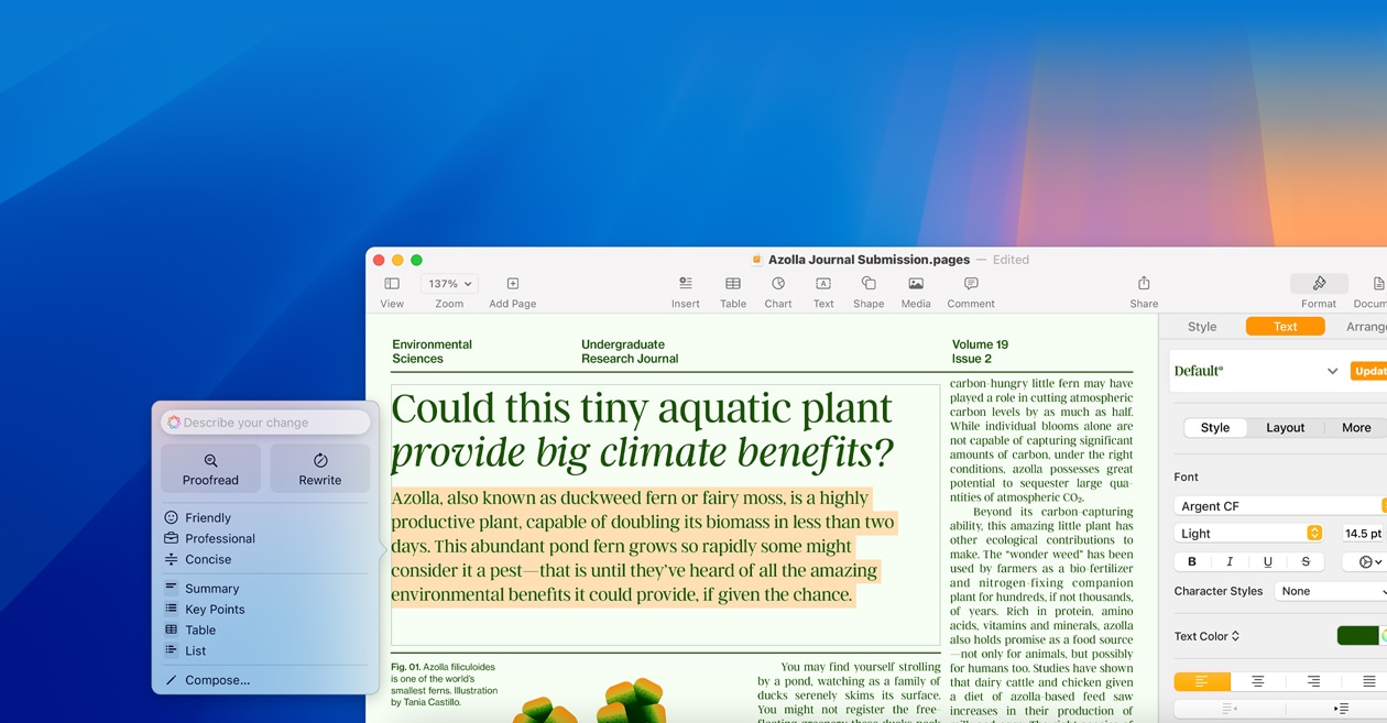 Obrazovka s ukázkou úprav pomocí Psacích nástrojů v rámci Apple Intelligence