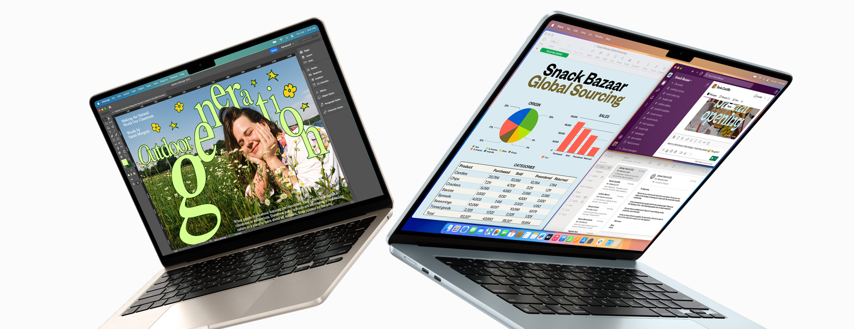 Částečně otevřený 13palcový a 15palcový MacBook Air – na jedné obrazovce je vidět rozpracovaný grafický návrh, druhá znázorňuje práci s grafy a souběžnou komunikaci pomocí e‑mailů