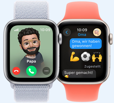 Zwei Apple Watches. Eine mit einem Bild von Papa, der anruft. Die andere mit einer Nachricht an Oma. Sie lautet: „Oma, wir haben das Spiel gewonnen.“