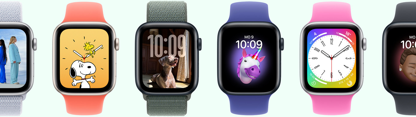 Sechs Apple Watch Modelle mit unterschiedlichen Zifferblatt Optionen, darunter Memoji, Fotos, Porträts und Snoopy