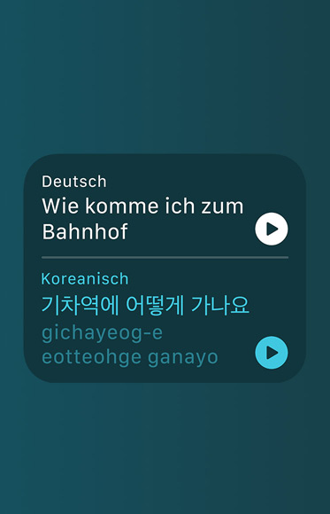 Die Übersetzen App zeigt eine koreanische Übersetzung und die Aussprache der Frage „Wie komme ich zum Bahnhof?“.