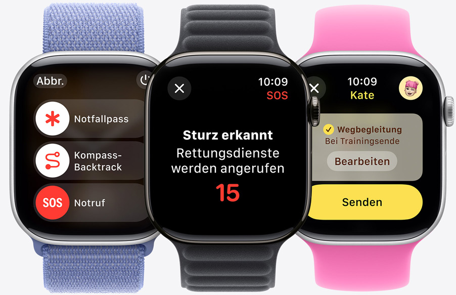 Der Notruf Schieberegler wird mit den Notfallpass und Kompass-Backtrack Schiebereglern auf einer Apple Watch Series 10 gezeigt. Ein Sturz wird auf einer Apple Watch Series 10 erkannt. Eine Wegbegleitung wird an jemanden auf einer Apple Watch Series 10 gesendet.