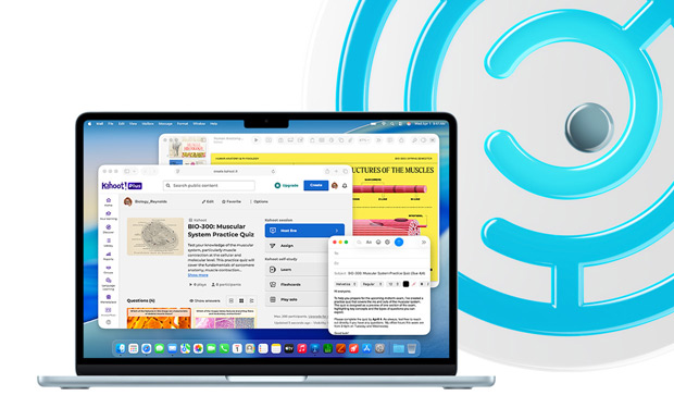 MacBook, Himmelblau, offener Laptop mit Lerninhalten in Keynote, Mail und Safari, darunter Kahoot! mit einem „BIO-200 Muscular System Practice Quiz“
