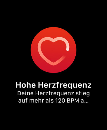 Mitteilung auf der Benutzeroberfläche über eine hohe Herzfrequenz mit dem Text: „Hohe Herzfrequenz: Deine Herzfrequenz ist auf über 120 BPM gestiegen, obwohl du seit 9:59 Uhr anscheinend 10 Minuten lang nicht aktiv warst.“