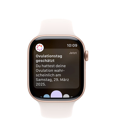 Apple Watch Series 10, weißes Sportarmband, Vorderansicht, Display-Inhalt: Eisprung, Zyklusverlauf