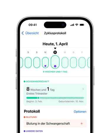 iPhone 16, Vorderansicht, Display-Inhalt: Health, Zyklusprotokoll