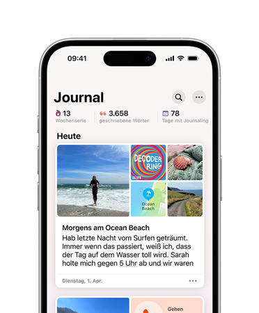 iPhone 16, Vorderseite, Display-Inhalt: Journal