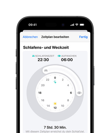 iPhone 16, Vorderansicht, Display-Inhalt: Health, Schlafenszeit, Lichtmodus, Zeitplan