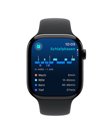 Apple Watch Series 10, Vorderansicht, schwarzes Sportarmband, Display-Inhalt: Schlaf, Schlafphasen, Analyse und Schlafdauer