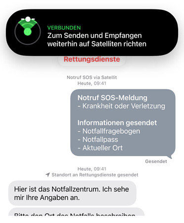 Notruf SOS über Satellit wird verwendet, um den Notruf zu kontaktieren und Hilfe für eine kranke oder verletzte Person zu holen