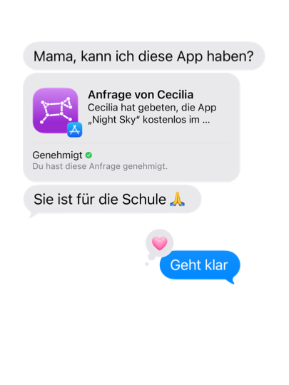 Ein Gespräch zwischen einem Kind und einem Elternteil, bei dem das Kind darum bittet, die App „Night Sky“ aus dem App Store für die Schule laden zu dürfen.
