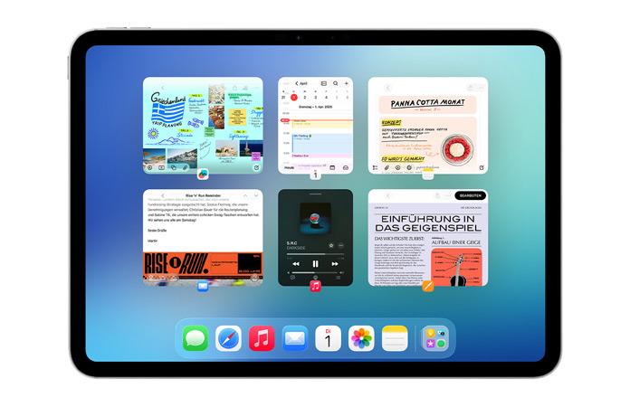 Ein iPad im Querformat zeigt sechs geöffnete Fenster in zwei Reihen an, darunter die Apps Kalender, Notizen, Apple Music und Safari