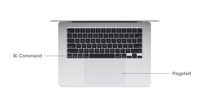 MacBook Air med M4 vist ovenfra med angivelse af Command-tasten og pegefeltet.