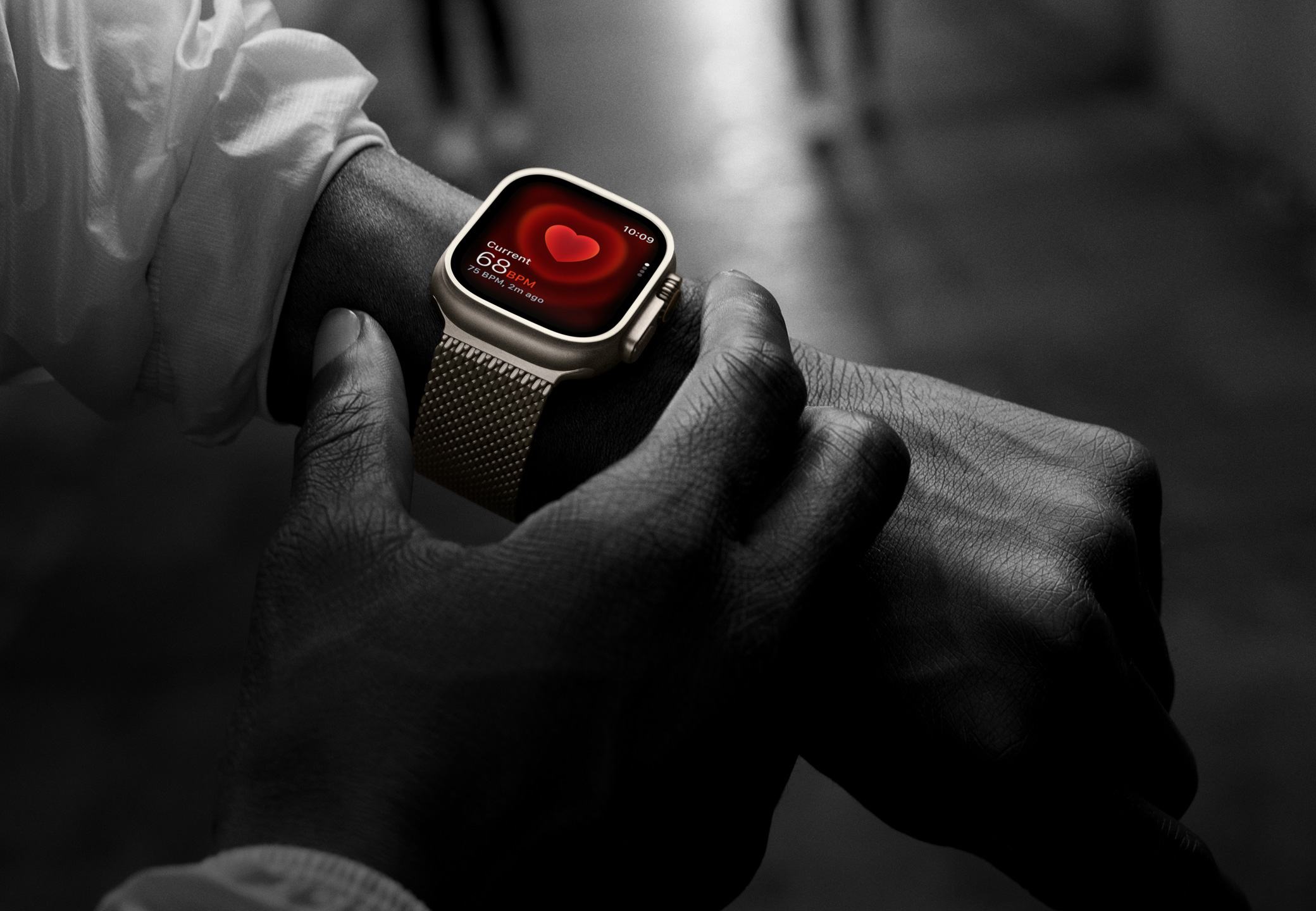 Someone using the Heart Rate feature on their Apple Watch Ultra 2.