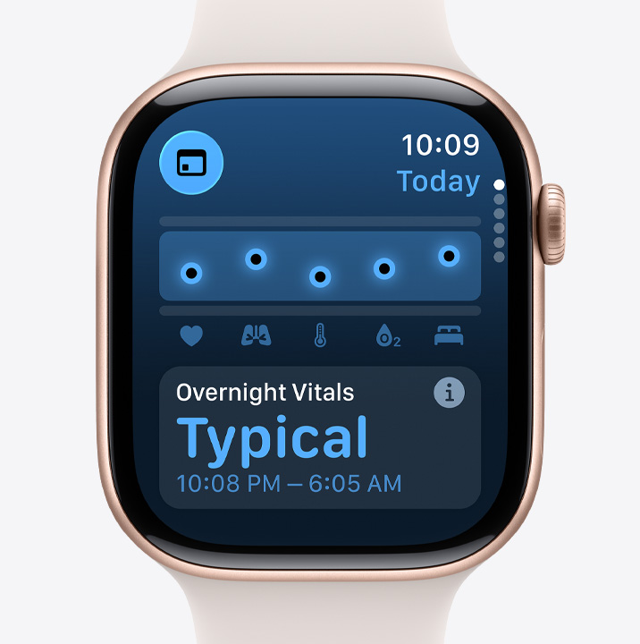 Apple Watch Series 11, aluminum case, rose gold color, Vitals app, health score chart, overnight vitals notification, Sport Band, light blush color