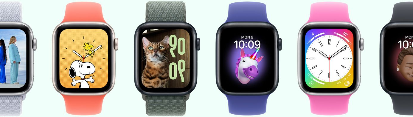 Mitmed Apple Watch seadmed näitamas erinevaid sihverplaadi valikuid