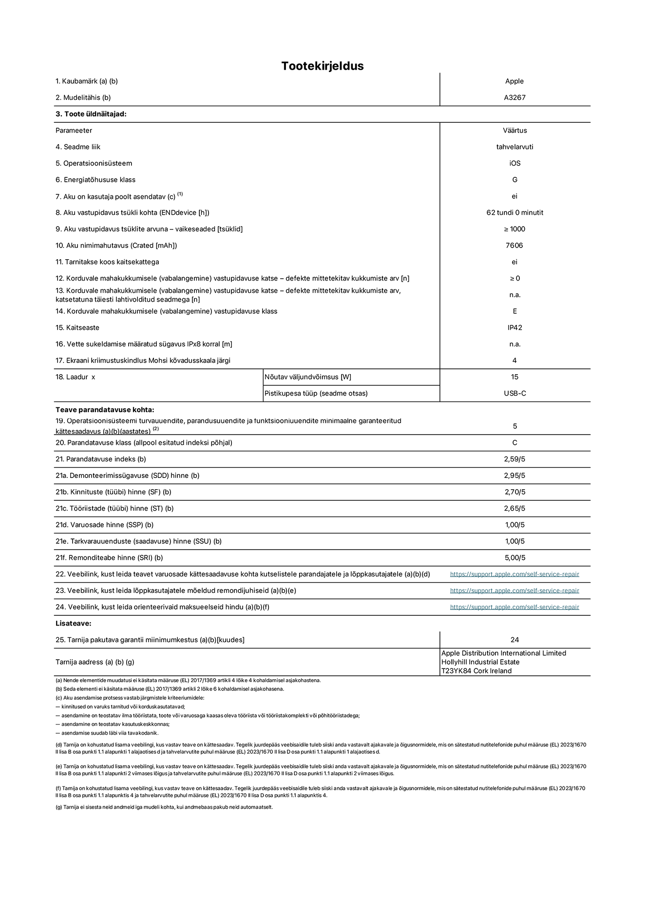 11-tollise iPad Air Wi-Fi pluss Cellular toote infoleht. Mudel A3267. Tarnija on Apple UK Ltd, 100 New Bridge Street, London EC4V 6JA. Seadme tüüp: tahvelarvuti. Operatsioonisüsteem: iOS. Standardse dünaamilise vahemiku energiatõhususklass: G. Aku vastupidavus: 62 tundi. Aku kestvustsüklid – vaikesätted: ≥ 1000. Akumaht: 7606 mAh. Korduv vabalangemise usaldusväärsustest – kukub ilma defektita: ≥ 0. Korduv vabalangemise usaldusväärsusklass: E. Tolmu- ja veekindluse kaitse hinnang: IP42. Ekraani kriimustuskindlus Mohsi kõvaduse skaalal: 4. Laadija nõutav väljundvõimsus: 15W. Laadija tüüp: USB-C. Opsüsteemi turva-, korrektiiv- ja funktsionaalsusvärskenduste minimaalne tagatud saadavus: 5 aastat. Parandatavusklass: C. Parandatavusindeks: 2,59/5. Lahtivõtmise sügavuse hinne: 2,95/5. Kinnitusdetailide (tüüp) hinne: 2,70/5. Tööriistade hinne: 2,65/5. Varuosade hinne: 1,00/5. Tarkvaravärskenduste hinne: 1,00/5. Parandusteabe hinne: 5,00/5. Teave varuosade kättesaadavuse kohta professionaalsetele parandajatele ja lõppkasutajatele: https://ancillary-proxy.atarimworker.io?url=https%3A%2F%2Fsupport.apple.com%2Fself-service-repair. Parandusjuhised lõppkasutajatele: https://ancillary-proxy.atarimworker.io?url=https%3A%2F%2Fsupport.apple.com%2Fself-service-repair. Soovituslikud maksueelsed hinnad: https://ancillary-proxy.atarimworker.io?url=https%3A%2F%2Fsupport.apple.com%2Fself-service-repair. 24-kuune üldgarantii.