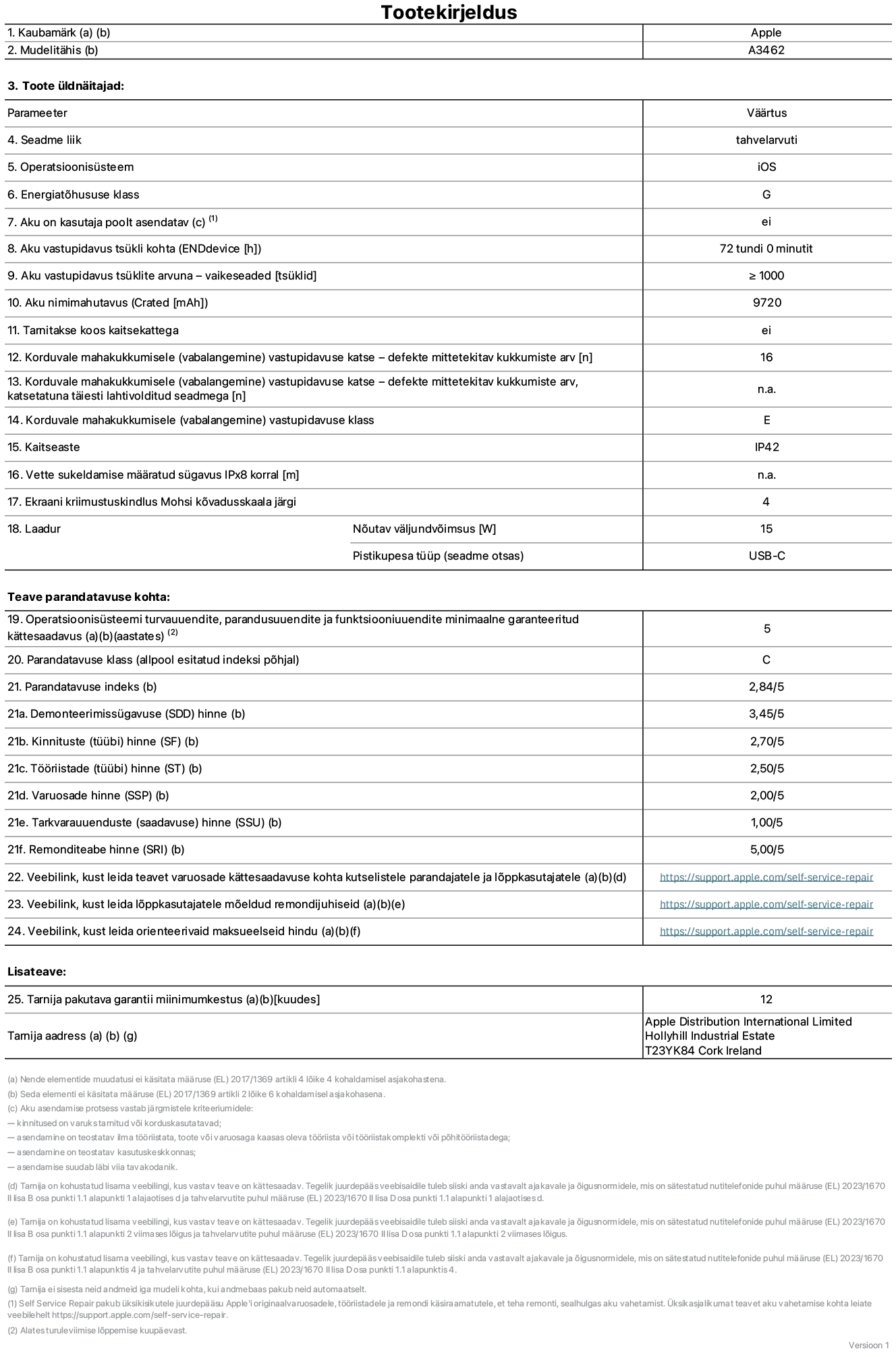 13-tollise iPad Air WiFi + Cellular, mudeli A3462 toote infoleht. Tarnija on Apple Distribution International Limited, Hollyhill Industrial Estate. Cork, Iirimaa T23 YK84. Seadme tüüp: tahvelarvuti. Operatsioonisüsteem: iOS. Energiatõhususklass: G. Aku vahetatav kasutajale: ei. Aku vastupidavus tsükli kohta: 72 tundi. Aku kestvustsüklid – vaikesätted: suurem kui või võrdne 1000-ga. Akumaht: 9720 mAh. Tarnitakse kaitsekattega: ei. Korduv vabalangemise usaldusväärsustest – kukub ilma defektita: suurem kui või võrdne 51-ga. Korduv vabalangemise usaldusväärsustest – kukub ilma defektita täielikult väljaulatatuna: pole kohaldatav. Korduv vabalangemise usaldusväärsusklass: E. Tolmu- ja veekindluse kaitse hinnang: IP42. Määratud iPx8 sukeldumissügavus vees: pole kohaldatav. Ekraani kriimustuskindlus Mohsi kõvaduse skaalal: 4. Laadija nõutav väljundvõimsus: 15 W. Laadija tüüp (seadmel): USB-C. Opsüsteemi turva-, korrektiiv- ja funktsionaalsusvärskenduste minimaalne tagatud saadavus: 5 aastat. Parandatavusklass: C. Parandatavusindeks: 2,84/5. Lahtivõtmise sügavuse (SDD) hinne: 3,45/5. Kinnitusdetailide hinne: 2,70/5. Tööriistade hinne: 2,50/5. Varuosade hinne: 2,00/5. Tarkvaravärskenduste hinne: 1,00/5. Parandusteabe hinne: 5,00/5. Teave varuosade kättesaadavuse kohta professionaalsetele parandajatele ja lõppkasutajatele: https://ancillary-proxy.atarimworker.io?url=https%3A%2F%2Fsupport.apple.com%2Fself-service-repair. Parandusjuhised lõppkasutajatele: https://ancillary-proxy.atarimworker.io?url=https%3A%2F%2Fsupport.apple.com%2Fself-service-repair. Soovituslikud maksueelsed hinnad: https://ancillary-proxy.atarimworker.io?url=https%3A%2F%2Fsupport.apple.com%2Fself-service-repair. 12-kuune üldgarantii.