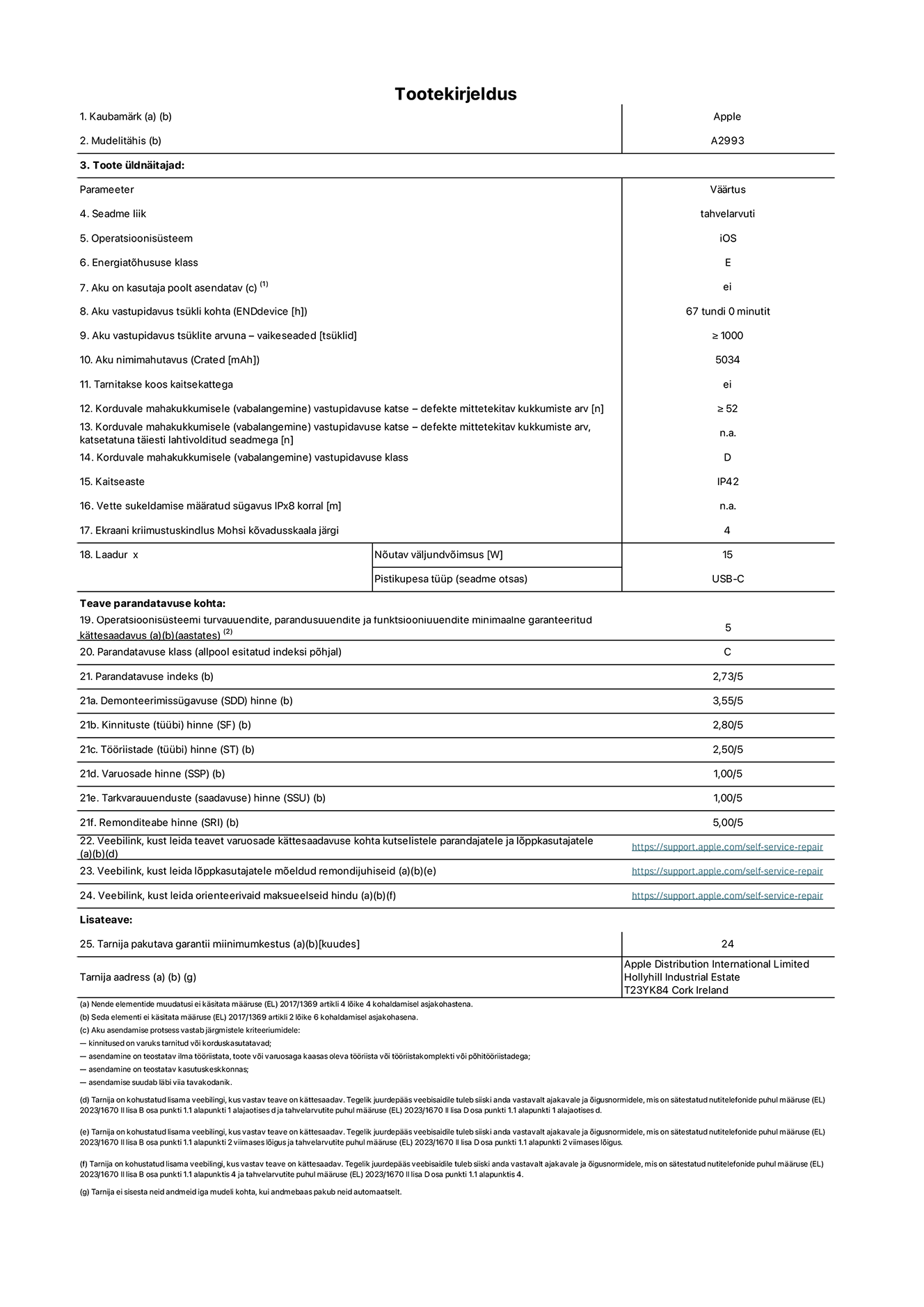 Toote iPad mini Wi-Fi, mudeli A2993 infoleht. Tarnija on Apple Distribution International Limited, Hollyhill Industrial Estate. Cork, Ireland T23 YK84. Seadme tüüp: tahvelarvuti. Operatsioonisüsteem: iOS. Energiatõhususklass: E. Aku vahetatav kasutajale: ei. Aku vastupidavus: 67 tundi. Aku kestvustsüklid – vaikesätted: suurem või võrdne 1000-ga. Akumaht: 5034 mAh. Korduv vabalangemise usaldusväärsustest – kukub ilma defektita: ≥ 52. Korduv vabalangemise usaldusväärsusklass: D. Tolmu- ja veekindluse kaitse hinnang: IP42. Ekraani kriimustuskindlus Mohsi kõvaduse skaalal: 4. Laadija nõutav väljundvõimsus: 15W. Laadija tüüp: USB-C. Opsüsteemi turva-, korrektiiv- ja funktsionaalsusvärskenduste minimaalne tagatud saadavus: 5 aastat. Parandatavusklass: C. Parandatavusindeks: 2,73/5. Lahtivõtmise sügavuse hinne: 3,55/5. Kinnitusdetailide hinne: 2,80/5. Tööriistade hinne: 2,50/5. Varuosade hinne: 1,00/5. Tarkvaravärskenduste hinne: 1,00/5. Parandusteabe hinne: 5,00/5. Teave varuosade kättesaadavuse kohta professionaalsetele parandajatele ja lõppkasutajatele: https://ancillary-proxy.atarimworker.io?url=https%3A%2F%2Fsupport.apple.com%2Fself-service-repair. Parandusjuhised lõppkasutajatele: https://ancillary-proxy.atarimworker.io?url=https%3A%2F%2Fsupport.apple.com%2Fself-service-repair. Soovituslikud maksueelsed hinnad: https://ancillary-proxy.atarimworker.io?url=https%3A%2F%2Fsupport.apple.com%2Fself-service-repair. 24-kuune üldgarantii.