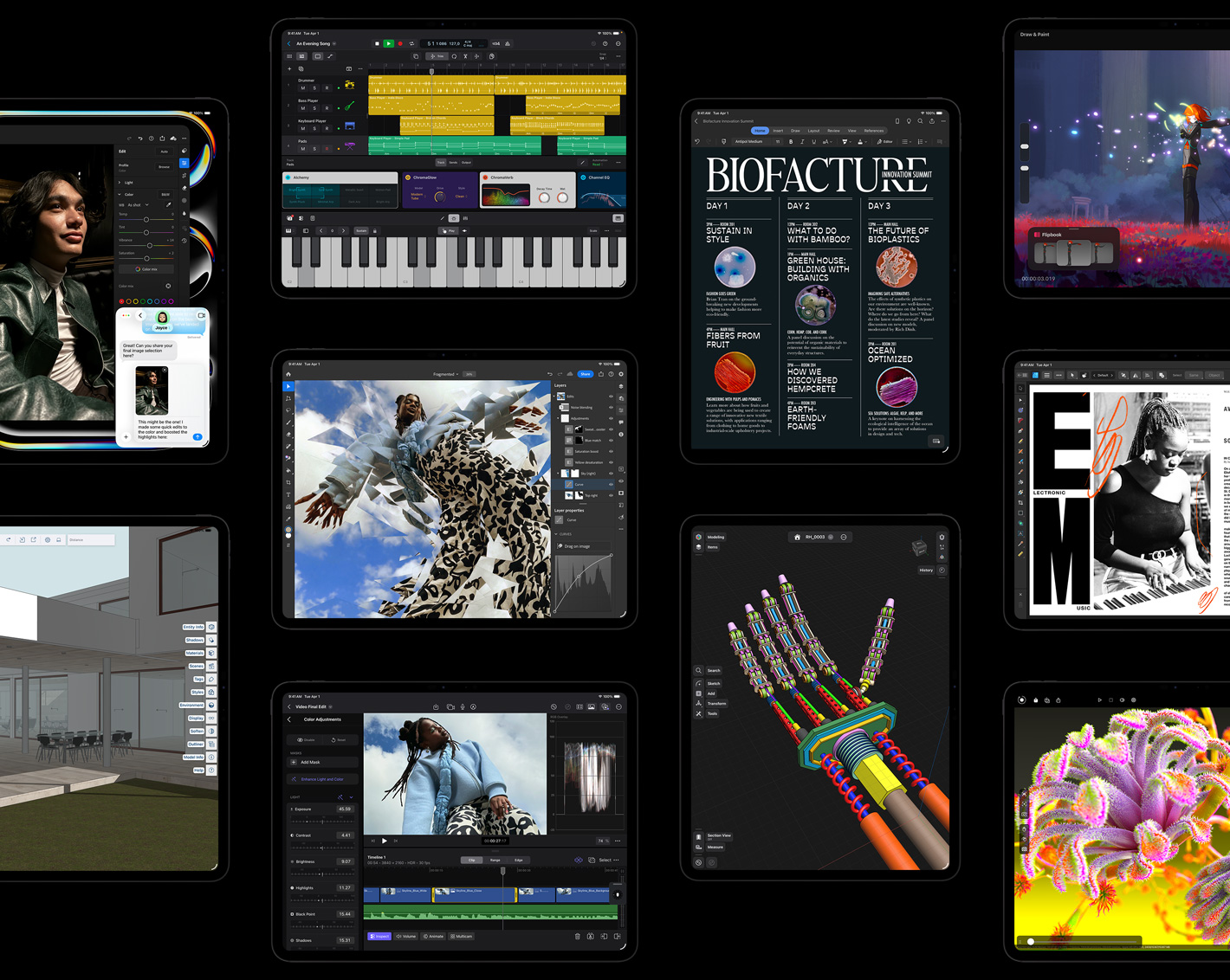 Mitu iPad Pro ekraani näitamas iPadOSi rakendusi avatud loominguliste projektidega, sh Logic Pro, Adobe Lightroom, Adobe Photoshop, Final Cut Pro, Trimble SketchUp, Microsoft Word, Procreate Dreams, Affinity Designer 2, Shapr3D, Octane X