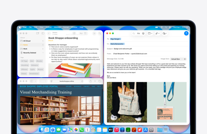 MacBook Neo, toonis indigo, ekraanil näidatakse raamatupoe uuele töötajale tervitusmeili koostamist, teistes akendes on Notes-dokument väljaõppe kohta ja raamatupoe töötajate portaali veebileht Safaris