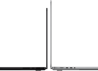 14- ja 16-tolline MacBook Pro, tagaküljed vastakuti, demonstreerimas suuruste erinevust ja rõhutamas peenikest profiili