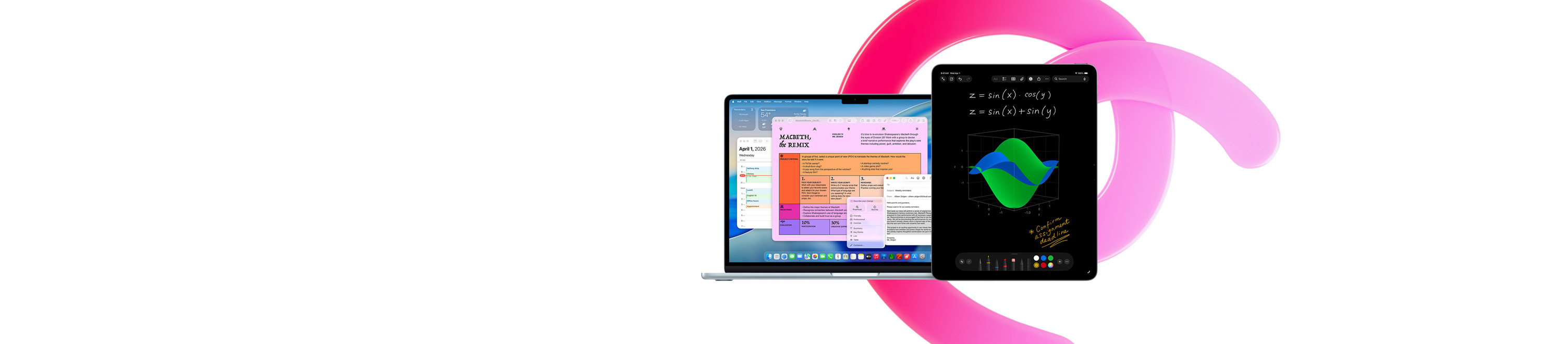 Un MacBook Air con Pages, Calendario, una alerta y Mail en la pantalla junto a un iPad con ecuaciones manuscritas en Notas Matemáticas, se ilustra la productividad con las apps integradas