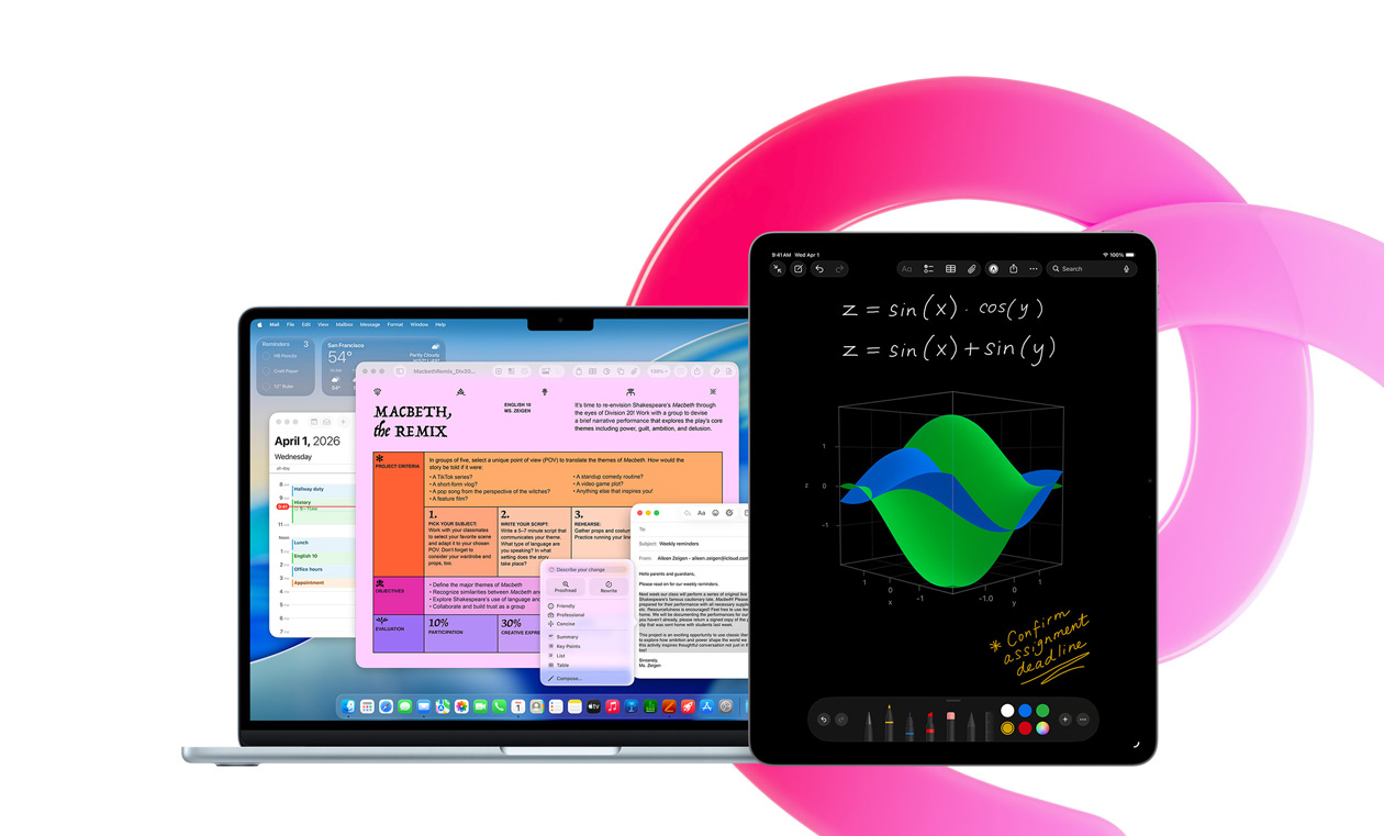 Un MacBook Air con Pages, Calendario, una alerta y Mail en la pantalla junto a un iPad con ecuaciones manuscritas en Notas Matemáticas, se ilustra la productividad con las apps integradas
