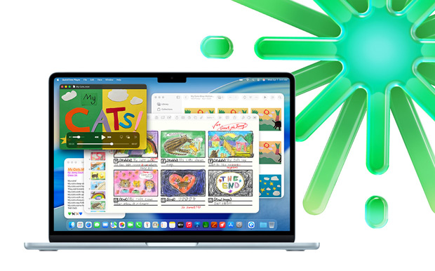MacBook en azul cielo, QuickTime, Notas, Keynote y Fotos en pantalla, ilustra la multitarea con varias apps