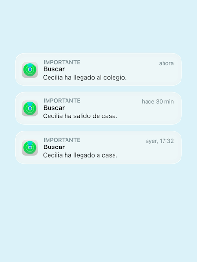 Las notificaciones de Buscar en el iPhone detallan los movimientos de una familia, con mensajes como «Cecilia ha llegado al colegio», «Cecilia ha salido de casa» o «Cecilia ha llegado a casa».