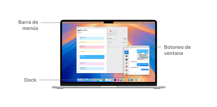 Recorrido por la navegación de macOS que muestra la barra de menús en la parte superior de la pantalla de un MacBook, los botones de la ventana y el Dock.