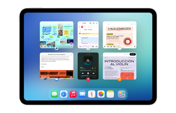 Un iPad en posición horizontal muestra seis ventanas abiertas alineadas en dos filas, entre ellas las apps Calendario, Notas, Música y Safari