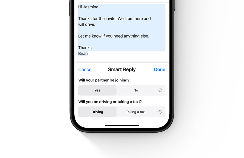 Valg for smarte svar i Mail-appen vises på en iPhone.
