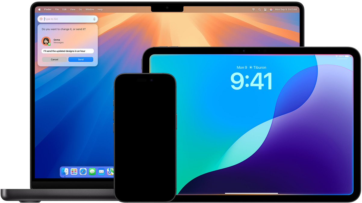 Un Mac, un iPad et un iPhone affichent des nouveautés Siri alimentées par Apple Intelligence.