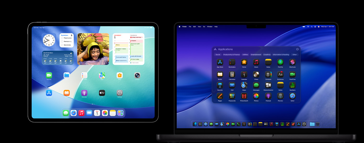 Ein iPad und ein Mac mit verschiedenen App-Symbolen. Das iPad zeigt mehrere Widgets an, darunter Kalender, Wetter und Fotos. Im Hintergrund des Mac ist macOS Tahoe.