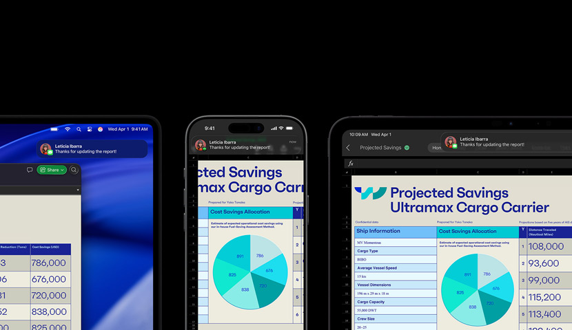 Eine Tabelle und eine Textnachricht werden auf mehreren Geräten gezeigt, darunter iPhone, iPad, Apple Watch und Mac mit macOS Tahoe.