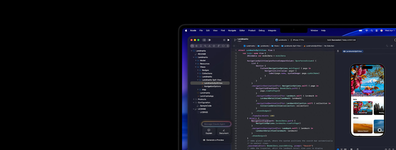 Xcode en cours d’exécution sur Mac, avec l’assistant de codage IA Claude Agent et un aperçu d’app sur iPhone