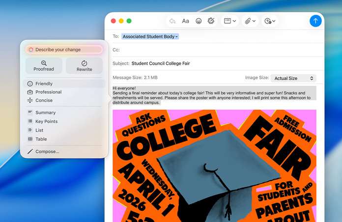 Un e-mail au sujet d’un salon étudiant dans Mail sur un Mac, avec les Outils d’écriture d’Apple Intelligence ouverts et des options pour relire ou réécrire sur un autre ton