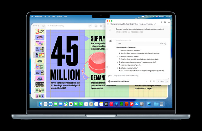 Un MacBook affiche un écran Msty Studio présentant des fiches de révision sur la microéconomie, illustrant les capacités d’IA embarquée