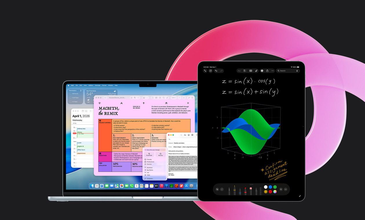 Un MacBook Air affiche Pages, Calendrier, Alertes et Mail à côté d’un iPad montrant des équations manuscrites dans Notes mathématiques, illustrant la productivité avec les apps intégrées