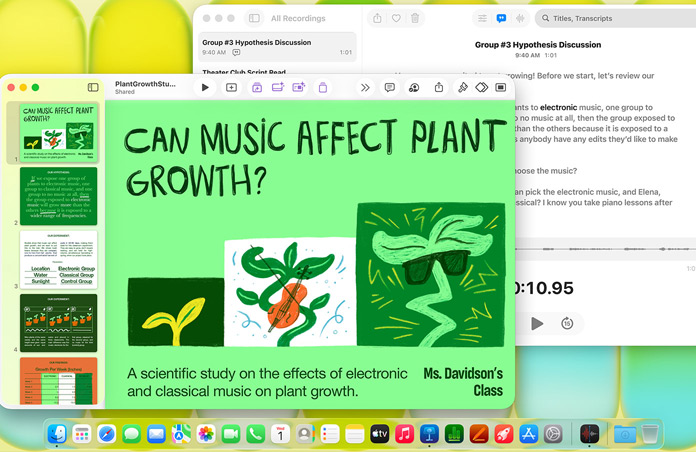 Een Mac met op het scherm een Keynote-presentatie met de titel ‘Can Music Affect Plant Growth?’ en ernaast naast een Dictafoon-transcriptie, ter illustratie van de veelzijdigheid
