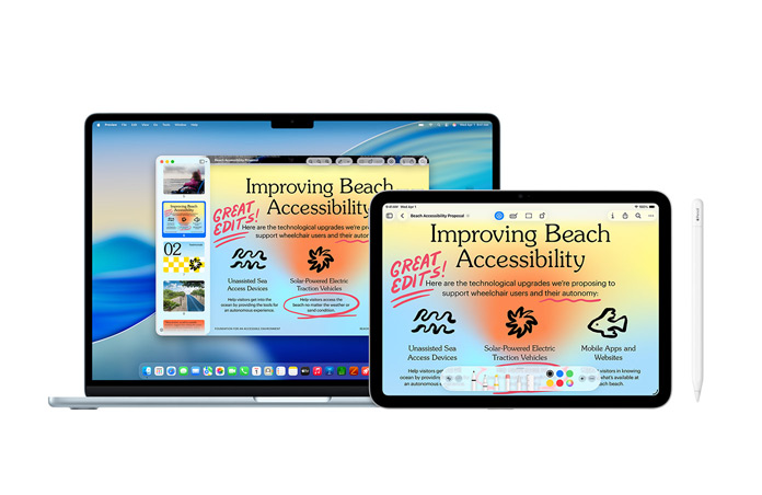 Mac en iPad met dezelfde presentatie met rode Apple Pencil-annotaties, ter illustratie van de continuïteitfeatures op verschillende devices, met vooraanzicht van Apple Pencil