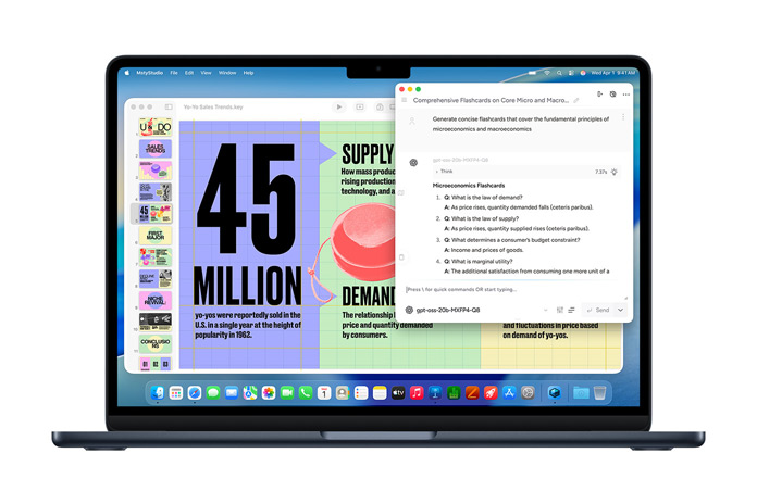 Ein MacBook zeigt einen Msty Studio Bildschirm mit Mikroökonomik Lernkarten, um On-Device KI Funktionen zu demonstrieren