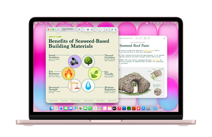 MacBook Neo met de apps Pages en Notities met een presentatie over daken van zeewier, ter illustratie van de prestaties