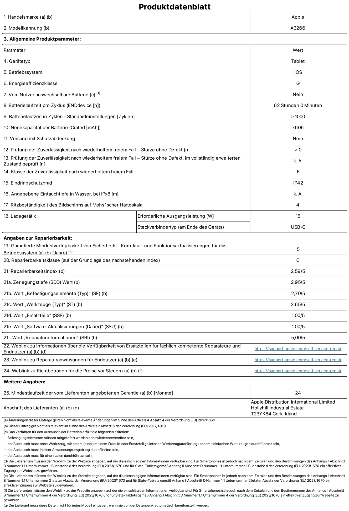 Produktinformationsblatt für 11" iPad Air Wi‑Fi. Modell A3266. Bereitgestellt von Apple UK Ltd, 100 New Bridge Street, London EC4V 6JA. Gerätetyp: Tablet. Betriebssystem: iOS. Energieeffizienzklasse für Standard-Dynamikbereich: G. Batterielaufzeit 62 Stunden. Batterielaufzeit in Zyklen: ≥ 1000. Nennkapazität der Batterie: 7606 mAh. Prüfung der Zuverlässigkeit nach wiederholtem freiem Fall – Stürze ohne Defekt: ≥ 0. Klasse der Zuverlässigkeit nach wiederholtem freiem Fall: E. Eindringschutzgrad: IP42. Ritzbeständigkeit des Displays auf Mohs’scher Härteskala: 4. Erforderliche Ausgangsleistung des Ladegeräts: 15W. Anschluss Ladegerät: USB‑C. Garantierte Mindestverfügbarkeit von Sicherheits‑, Korrektur‑ und Funktionsaktualisierungen für das Betriebssystem: 5 Jahre. Reparierbarkeitsklasse: C. Reparierbarkeitsindex: 2,59/5. Wert „Zerlegungstiefe“: 2,95/5. Wert „Befestigungselemente (Typ)“: 2,70/5. Wert „Werkzeuge“: 2,65/5. Wert „Ersatzteile“: 1,00/5. Wert „Software-Aktualisierungen“: 1,00/5. Wert „Reparaturinformationen“: 5,00/5. Weblink zu Informationen über die Verfügbarkeit von Ersatzteilen für fachlich kompetente Reparateure und Endnutzer: https://ancillary-proxy.atarimworker.io?url=https%3A%2F%2Fsupport.apple.com%2Fself-service-repair. Weblink zu Reparaturanweisungen für Endnutzer: https://ancillary-proxy.atarimworker.io?url=https%3A%2F%2Fsupport.apple.com%2Fself-service-repair. Weblink zu Richtbeträgen für die Preise vor Steuern: https://ancillary-proxy.atarimworker.io?url=https%3A%2F%2Fsupport.apple.com%2Fself-service-repair. 24 Monate angebotene allgemeine Garantie. 