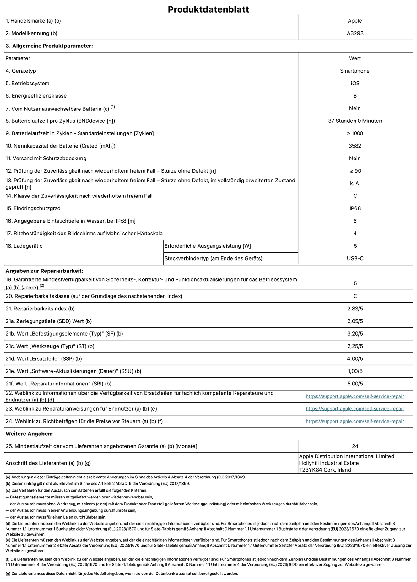 Produktinformationsblatt für iPhone 16 Pro, Modell A3293. Bereitgestellt von Apple Distribution International Limited, Hollyhill Industrial Estate. Cork, Irland T23 YK84. Gerätetyp: Smartphone. Betriebssystem: iOS. Energieeffizienzklasse: B. Vom Benutzer auswechselbare Batterie: nein. Batterielaufzeit pro Zyklus: 37 Stunden. Batterielaufzeit in Zyklen – Standardeinstellungen: ≥ 1000. Nennkapazität der Batterie: 3582 mAh. Versand mit Schutzabdeckung: nein. Prüfung der Zuverlässigkeit nach wiederholtem freiem Fall – Stürze ohne Defekt: ≥ 90. Prüfung der Zuverlässigkeit nach wiederholtem freiem Fall – Stürze ohne Defekt, im vollständig erweiterten Zustand geprüft: nicht zutreffend. Klasse der Zuverlässigkeit nach wiederholtem freiem Fall: C. Eindringschutzgrad: IP68. Angegebene Eintauchtiefe in Wasser, bei iPx8: 6 m. Ritzbeständigkeit des Displays auf Mohs’scher Härteskala: 4. Erforderliche Ausgangsleistung des Ladegeräts: 5W. Anschluss Ladegerät (am Ende des Geräts): USB‑C. Garantierte Mindestverfügbarkeit von Sicherheits‑, Korrektur‑ und Funktionsaktualisierungen für das Betriebssystem: 5 Jahre. Reparierbarkeitsklasse: C. Reparierbarkeitsindex: 2,83/5. Zerlegungstiefe (SDD) Wert: 2,05/5. Wert „Befestigungselemente“: 3,20/5. Wert „Werkzeuge“: 2,25/5. Wert „Ersatzteile“: 4,00/5. Wert „Software-Aktualisierungen“: 1,00/5. Wert „Reparaturinformationen“: 5,00/5. Weblink zu Informationen über die Verfügbarkeit von Ersatzteilen für fachlich kompetente Reparateure und Endnutzer: https://ancillary-proxy.atarimworker.io?url=https%3A%2F%2Fsupport.apple.com%2Fself-service-repair. Weblink zu Reparaturanweisungen für Endnutzer: https://ancillary-proxy.atarimworker.io?url=https%3A%2F%2Fsupport.apple.com%2Fself-service-repair. Weblink zu Richtbeträgen für die Preise vor Steuern: https://ancillary-proxy.atarimworker.io?url=https%3A%2F%2Fsupport.apple.com%2Fself-service-repair. 24 Monate angebotene allgemeine Garantie.