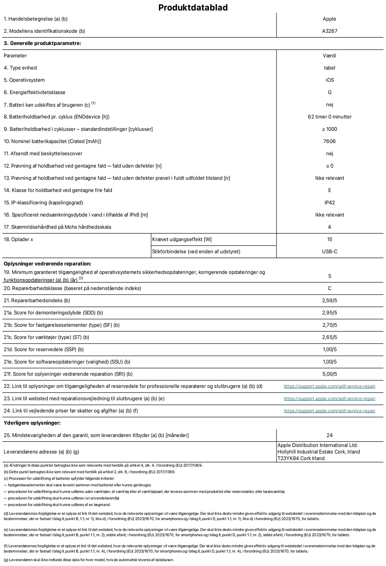 Produktdatablad til 11" iPad Air Wi-Fi + Cellular. Model A3267. Leveret af Apple UK Ltd, 100 New Bridge Street, London EC4V 6JA. Enhedstype: tablet Styresystem: iOS. Energieffektivitetsklasse for standard dynamikområde: G. Batterilevetid: 62 timer. Batterilevetid i cyklusser: ≥ 1000. Nominel batterikapacitet: 7606 mAh. Holdbarhedstest ved gentagne fald – fald uden defekt: ≥ 0. Holdbarhedsklasse ved gentagne fald: E. Kapslingsklasse: IP42. Skærmens ridsefasthed på Mohs' hårdhedsskala: 4. Påkrævet udgangseffekt for oplader: 15 W. Opladerstiktype: USB-C. Garanteret minimumsperiode for tilgængelighed af sikkerhedsopdateringer, fejlrettelser og funktionsopdateringer til styresystemet: 5 år. Reparerbarhedsklasse: C. Reparationsindeks: 2,59/5. Antal point for demonteringsdybde: 2,95/5. Antal point for fastgørelseselementer (type): 2,70/5. Antal point for værktøj: 2,65/5. Antal point for reservedele: 1,00/5. Antal point for softwareopdateringer: 1,00/5. Antal point for reparationsoplysninger: 5,00/5. Weblink til oplysninger om tilgængeligheden af reservedele for professionelle reparatører og slutbrugere: https://ancillary-proxy.atarimworker.io?url=https%3A%2F%2Fsupport.apple.com%2Fself-service-repair. Weblink til vejledning i reparation for slutbrugere: https://ancillary-proxy.atarimworker.io?url=https%3A%2F%2Fsupport.apple.com%2Fself-service-repair. Weblink til vejledende priser før skatter og afgifter: https://ancillary-proxy.atarimworker.io?url=https%3A%2F%2Fsupport.apple.com%2Fself-service-repair. Produktet er omfattet af 24 måneders garanti.