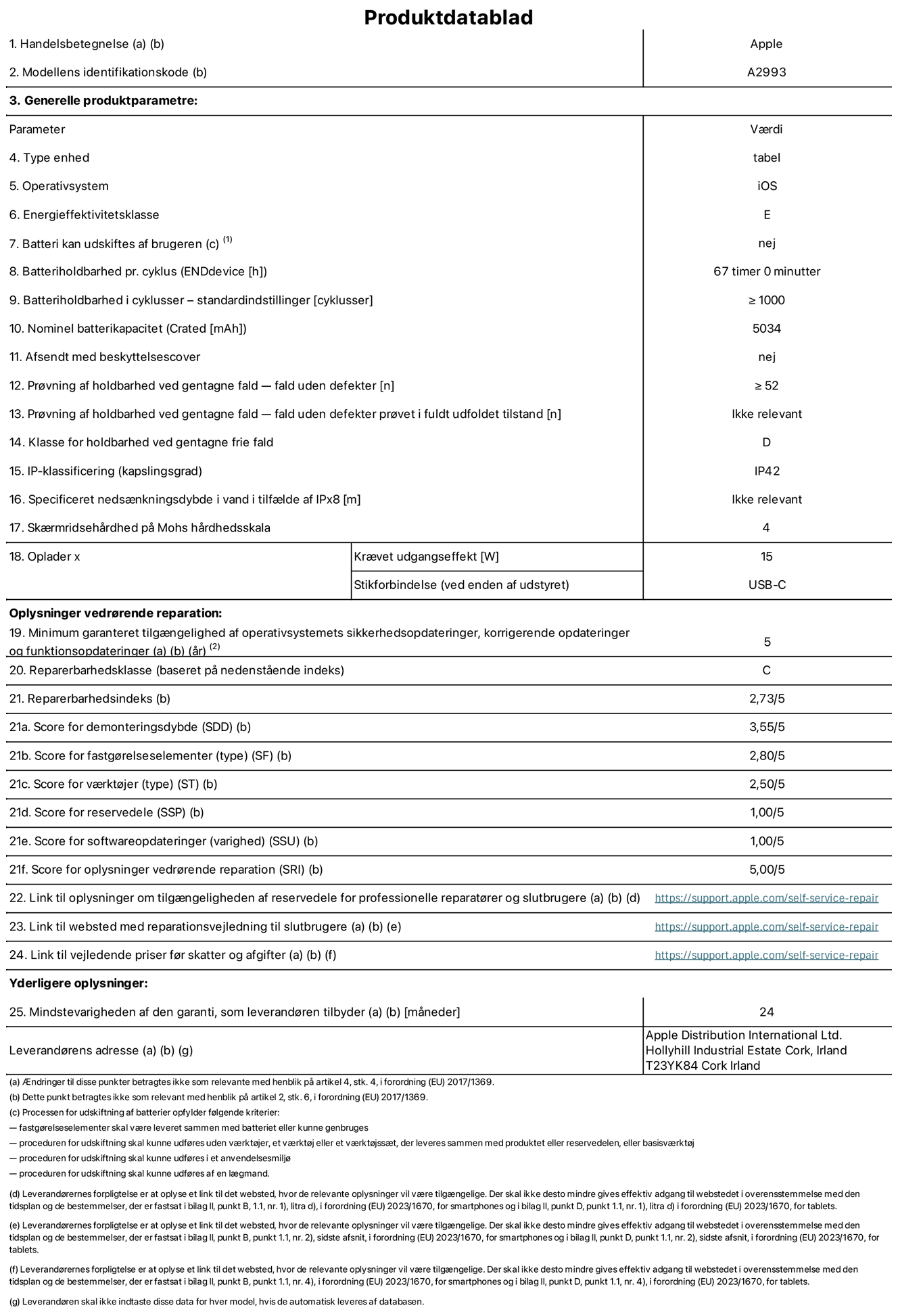 Produktdatablad til iPad mini Wi-Fi, model A2993. Leveret af Apple Distribution International Ltd, Hollyhill Industrial Estate. Cork, Irland T23 YK84. Enhedstype: tablet. Styresystem: iOS. Energieffektivitetsklasse: E. Batteri kan udskiftes af brugeren: nej. Batteritid: 67 timer. Batterilevetid i cyklusser: ≥ 1000. Nominel batterikapacitet: 5034 mAh. Holdbarhedstest ved gentagne fald – fald uden defekt: ≥ 52. Holdbarhedsklasse ved gentagne fald: D. Kapslingsklasse: IP42. Skærmens ridsefasthed på Mohs' hårdhedsskala: 4. Påkrævet udgangseffekt for oplader: 15 W. Opladerstiktype: USB-C. Garanteret minimumsperiode for tilgængelighed af sikkerhedsopdateringer, fejlrettelser og funktionsopdateringer til styresystemet: 5 år. Reparerbarhedsklasse: C. Reparationsindeks: 2,73/5. Antal point for demonteringsdybde: 3,55/5. Antal point for fastgørelseselementer: 2,80/5. Antal point for værktøj: 2,50/5. Antal point for reservedele: 1,00/5. Antal point for softwareopdateringer: 1,00/5. Antal point for reparationsoplysninger: 5,00/5. Weblink til oplysninger om tilgængeligheden af reservedele for professionelle reparatører og slutbrugere: https://ancillary-proxy.atarimworker.io?url=https%3A%2F%2Fsupport.apple.com%2Fself-service-repair. Weblink til vejledning i reparation for slutbrugere: https://ancillary-proxy.atarimworker.io?url=https%3A%2F%2Fsupport.apple.com%2Fself-service-repair. Weblink til vejledende priser før skatter og afgifter: https://ancillary-proxy.atarimworker.io?url=https%3A%2F%2Fsupport.apple.com%2Fself-service-repair. Produktet er omfattet af 24 måneders garanti.