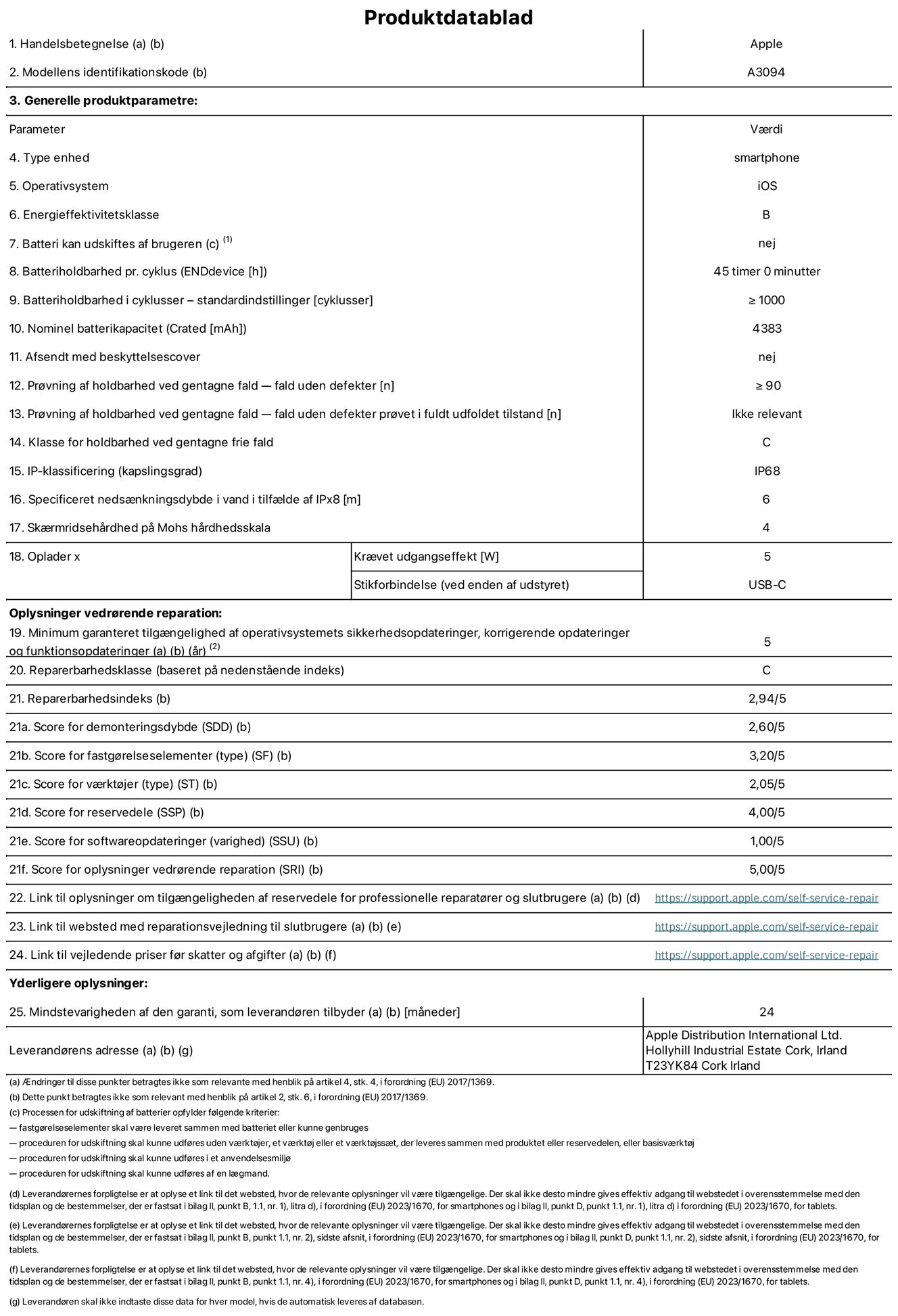 Produktdatablad til iPhone 15 Plus, model A3094. Leveret af Apple Distribution International Limited, Hollyhill Industrial Estate. Cork, Irland T23 YK84. Enhedstype: smartphone. Styresystem: iOS. Energieffektivitetsklasse: B. Batteri kan udskiftes af brugeren: nej. Batteritid pr. cyklus: 45 timer. Batterilevetid i cyklusser – standardindstillinger: ≥ 1000. Nominel batterikapacitet: 4383 mAh Leveres med beskyttelsescover: nej. Holdbarhedstest ved gentagne fald – fald uden defekt: ≥ 90. Holdbarhedstest ved gentagne fald – fald uden defekt testet i fuldt udfoldet tilstand: ikke relevant. Holdbarhedsklasse ved gentagne fald: C. Kapslingsgrad: IP68. Angivet nedsænkningsdybde i vand ved IPx8: 6. Skærmens ridsefasthed på Mohs' hårdhedsskala: 4. Påkrævet udgangseffekt for oplader: 5 W. Opladerstiktype (på enheden): USB-C. Garanteret minimumsperiode for tilgængelighed af sikkerhedsopdateringer, fejlrettelser og funktionsopdateringer til styresystemet: 5 år. Reparerbarhedsklasse: C. Reparationsindeks: 2,94/5. Antal point for demonteringsdybde: 2,60/5. Antal point for fastgørelseselementer: 3,20/5. Antal point for værktøj: 2,05/5. Antal point for reservedele: 4,00/5. Antal point for softwareopdateringer: 1,00/5. Antal point for reparationsoplysninger: 5,00/5. Weblink til oplysninger om tilgængeligheden af reservedele for professionelle reparatører og slutbrugere: https://ancillary-proxy.atarimworker.io?url=https%3A%2F%2Fsupport.apple.com%2Fself-service-repair. Weblink til vejledning i reparation for slutbrugere: https://ancillary-proxy.atarimworker.io?url=https%3A%2F%2Fsupport.apple.com%2Fself-service-repair. Weblink til vejledende priser før skatter og afgifter: https://ancillary-proxy.atarimworker.io?url=https%3A%2F%2Fsupport.apple.com%2Fself-service-repair. Produktet er omfattet af 24 måneders garanti.