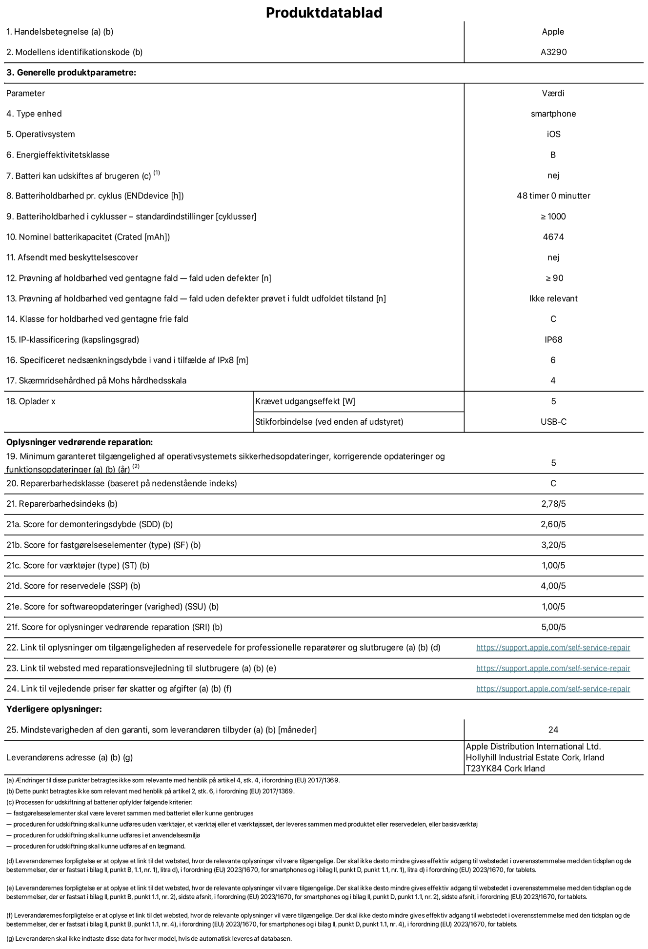 Produktdatablad til iPhone 16 Plus, model A3290. Leveret af Apple Distribution International Limited, Hollyhill Industrial Estate. Cork, Irland T23 YK84. Enhedstype: smartphone. Styresystem: iOS. Energieffektivitetsklasse: B. Batteri kan udskiftes af brugeren: nej. Batteritid pr. cyklus: 48 timer. Batterilevetid i cyklusser – standardindstillinger: ≥ 1000. Nominel batterikapacitet: 4674 mAh Leveres med beskyttelsescover: nej. Holdbarhedstest ved gentagne fald – fald uden defekt: ≥ 90. Holdbarhedstest ved gentagne fald – fald uden defekt testet i fuldt udfoldet tilstand: ikke relevant. Holdbarhedsklasse ved gentagne fald: C. Kapslingsklasse: IP68. Angivet nedsænkningsdybde i vand ved IPx8: 6. Skærmens ridsefasthed på Mohs' hårdhedsskala: 4. Påkrævet udgangseffekt for oplader: 5 W. Opladerstiktype (på enheden): USB-C. Garanteret minimumsperiode for tilgængelighed af sikkerhedsopdateringer, fejlrettelser og funktionsopdateringer til styresystemet: 5 år. Reparerbarhedsklasse: C. Reparationsindeks: 2,78/5. Antal point for demonteringsdybde: 2,60/5. Antal pointfor fastgørelseselementer: 3,20/5. Antal point for værktøj: 1,00/5. Antal point for reservedele: 4,00/5. Antal point for softwareopdateringer: 1,00/5. Antal point for reparationsoplysninger: 5,00/5. Weblink til oplysninger om tilgængeligheden af reservedele for professionelle reparatører og slutbrugere: https://ancillary-proxy.atarimworker.io?url=https%3A%2F%2Fsupport.apple.com%2Fself-service-repair. Weblink til vejledning i reparation for slutbrugere: https://ancillary-proxy.atarimworker.io?url=https%3A%2F%2Fsupport.apple.com%2Fself-service-repair. Weblink til vejledende priser før skatter og afgifter: https://ancillary-proxy.atarimworker.io?url=https%3A%2F%2Fsupport.apple.com%2Fself-service-repair. Produktet er omfattet af 24 måneders garanti.